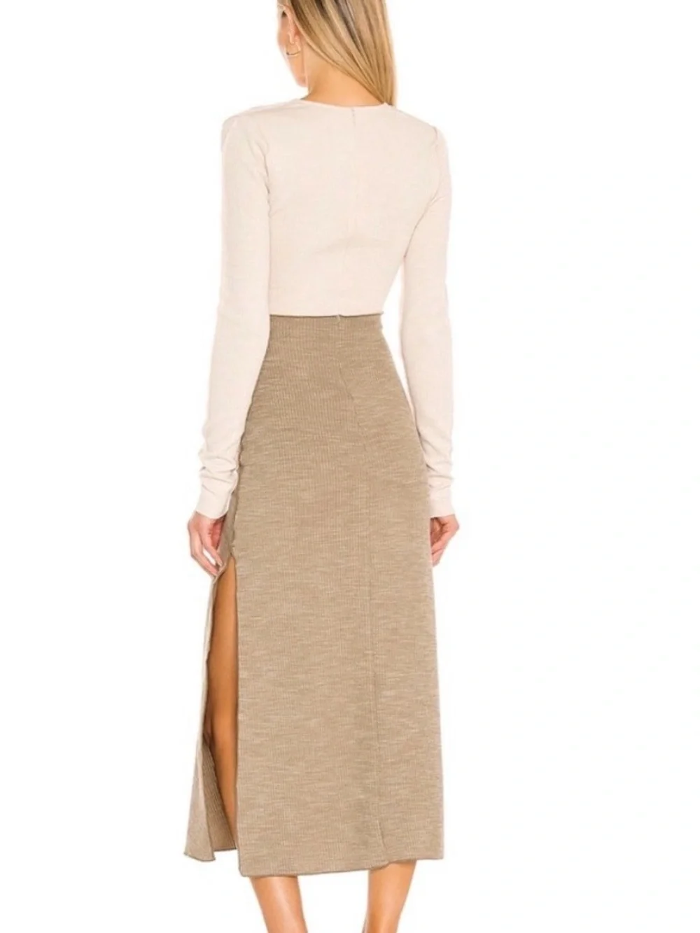 NWOT Neutral Ruched Drawstring Midi Dress - Picture 2 of 5